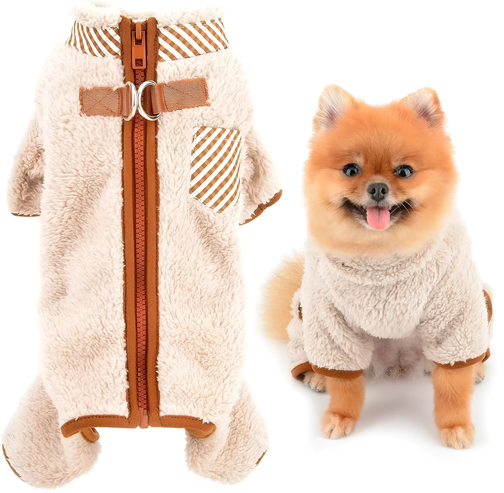 Plush fleece four-leg dog jumpsuit coat with back zipper for small breed winter warmth