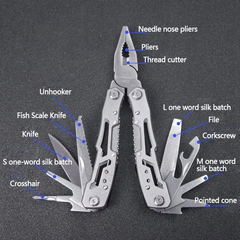 All steel 14-in-1 folding multi-function pliers with locking blade, 10cm folded length, black colour