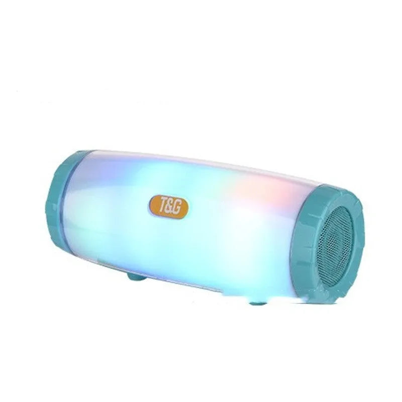 Portable Bluetooth speaker with LED lighting in blue colour showing front controls and dimensions