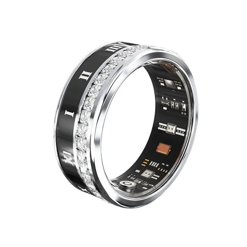 Diamond inlaid smart ring in silver and gold colours showing blood oxygen monitoring functions
