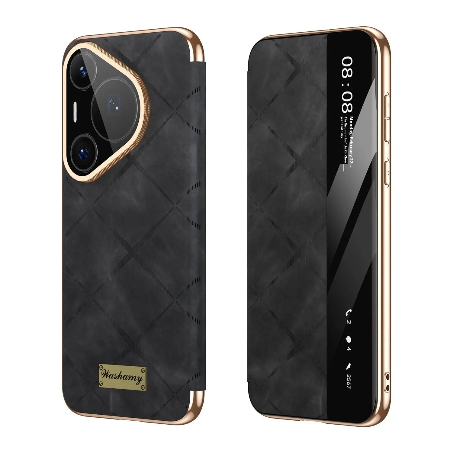 Electroplated diamond grid Huawei phone case with embossed imitation leather in three colour options