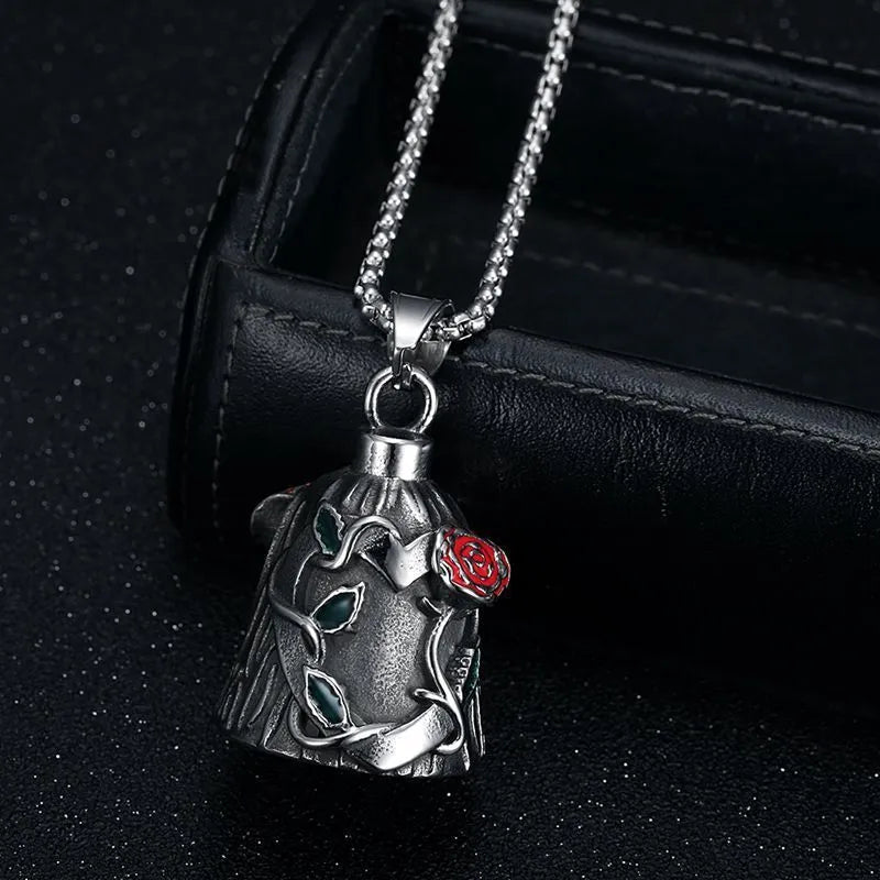 Polished titanium steel vintage motorcycle lucky bell with double-sided epoxy rose design in retro steel colour.