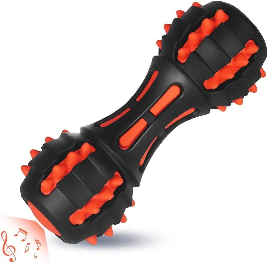Red dumbbell-shaped rubber dog chew toy for medium large breeds with squeaker