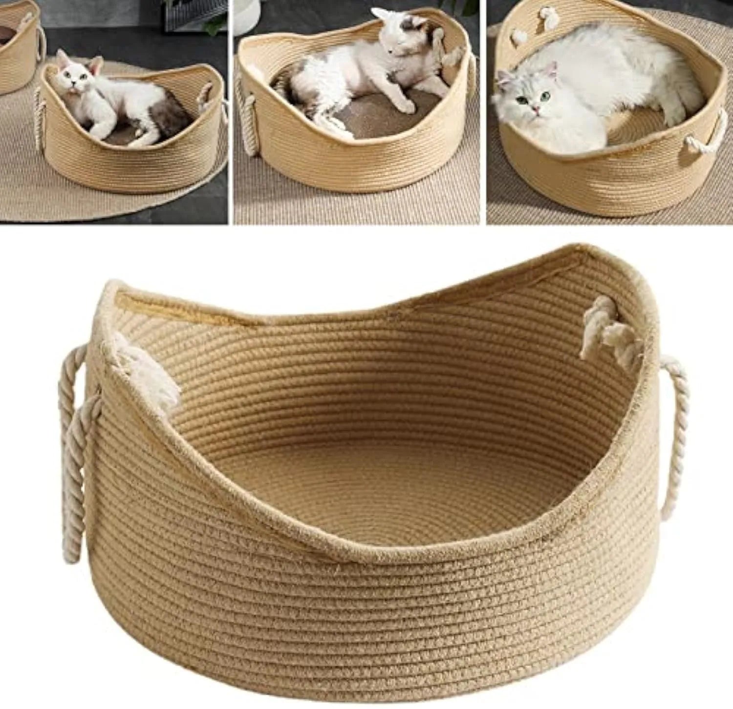 Wicker cat bed basket with corrugated scratching board for feline resting and claw maintenance