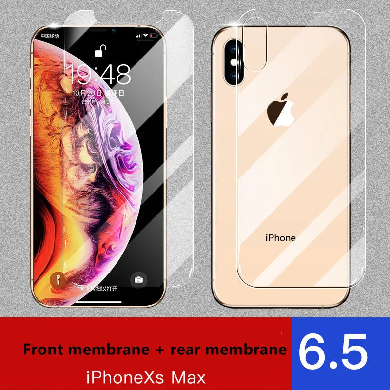 iPhone tempered glass screen protector set showing front and rear films for 11, X, and XR models.