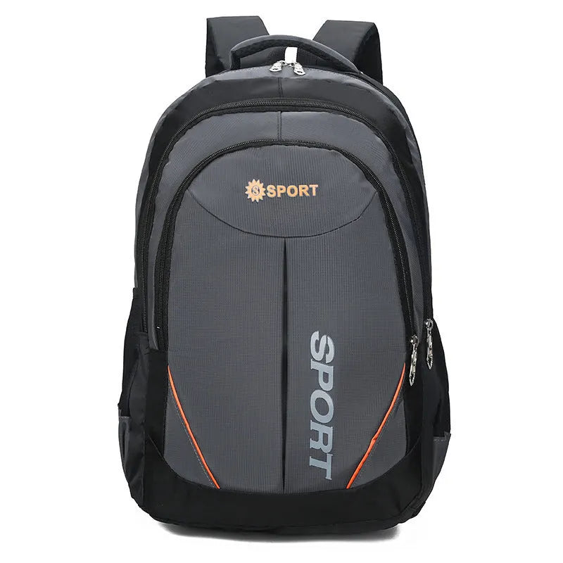 Large black nylon backpack with curved shoulder straps, shown open to display its polyester lining.