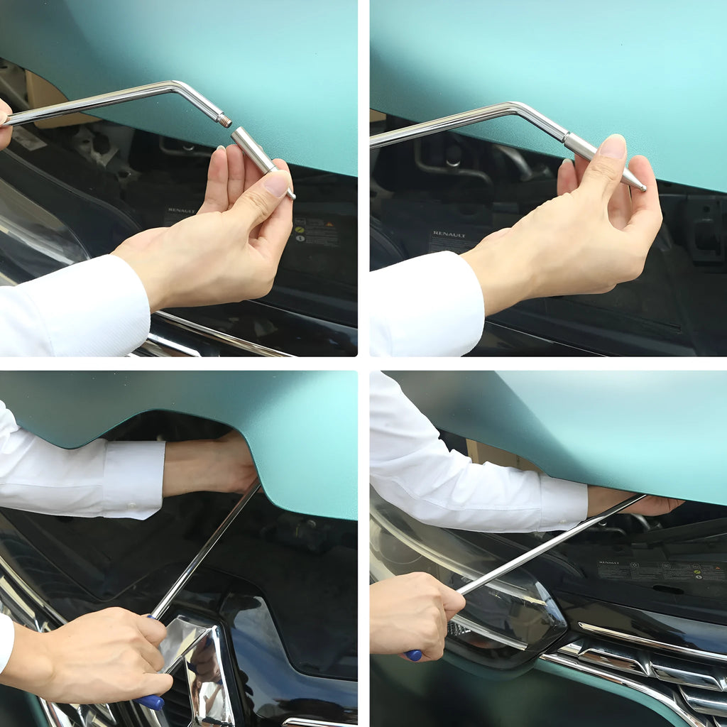 Three alloy steel hook and crowbar tools for car dent repair, presented on a white background.