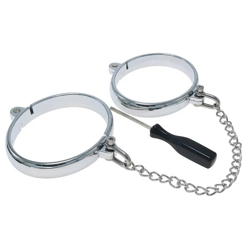 Silver zinc alloy handcuffs and footcuffs set with stainless steel watch bracelet styling