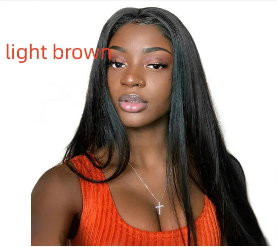 Long straight hair wig with centre-parting bangs in black colour on display