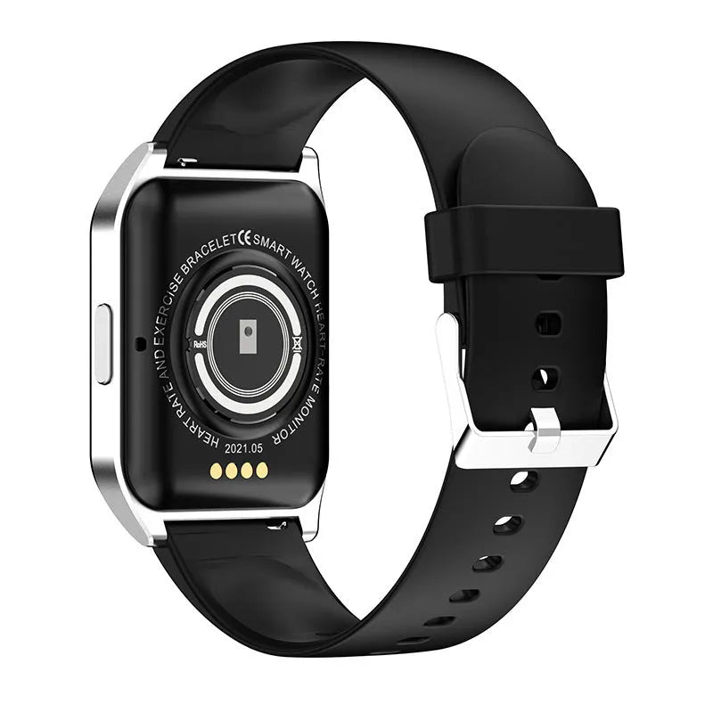 Black smart watch with heart rate monitor and Bluetooth call functionality on a silicone wrist strap
