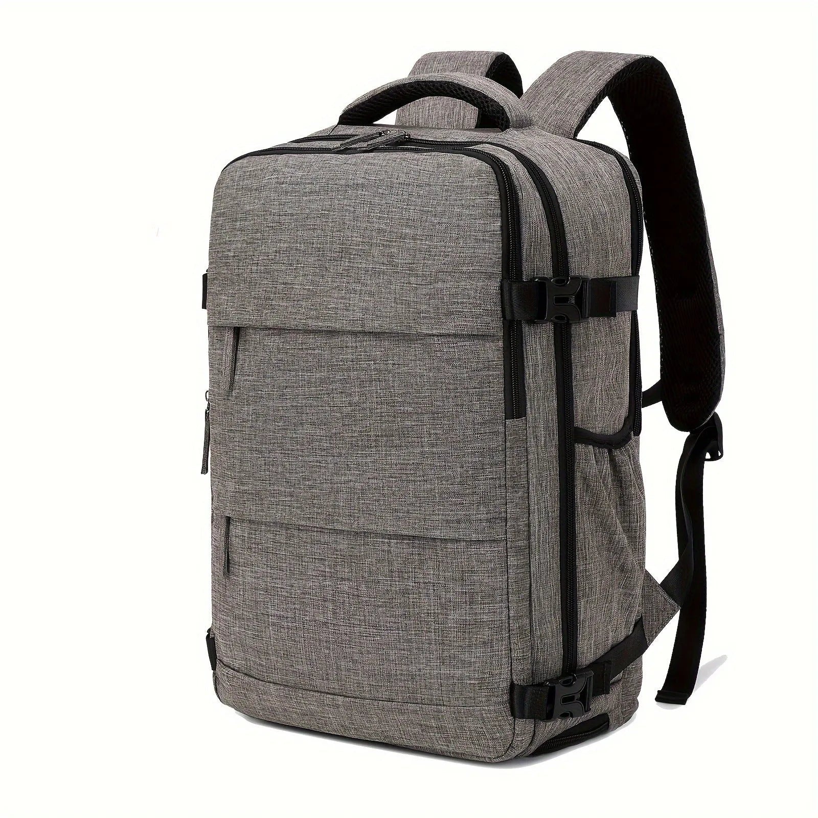 Large black nylon luggage backpack for men with multiple compartments, shown from a side angle.