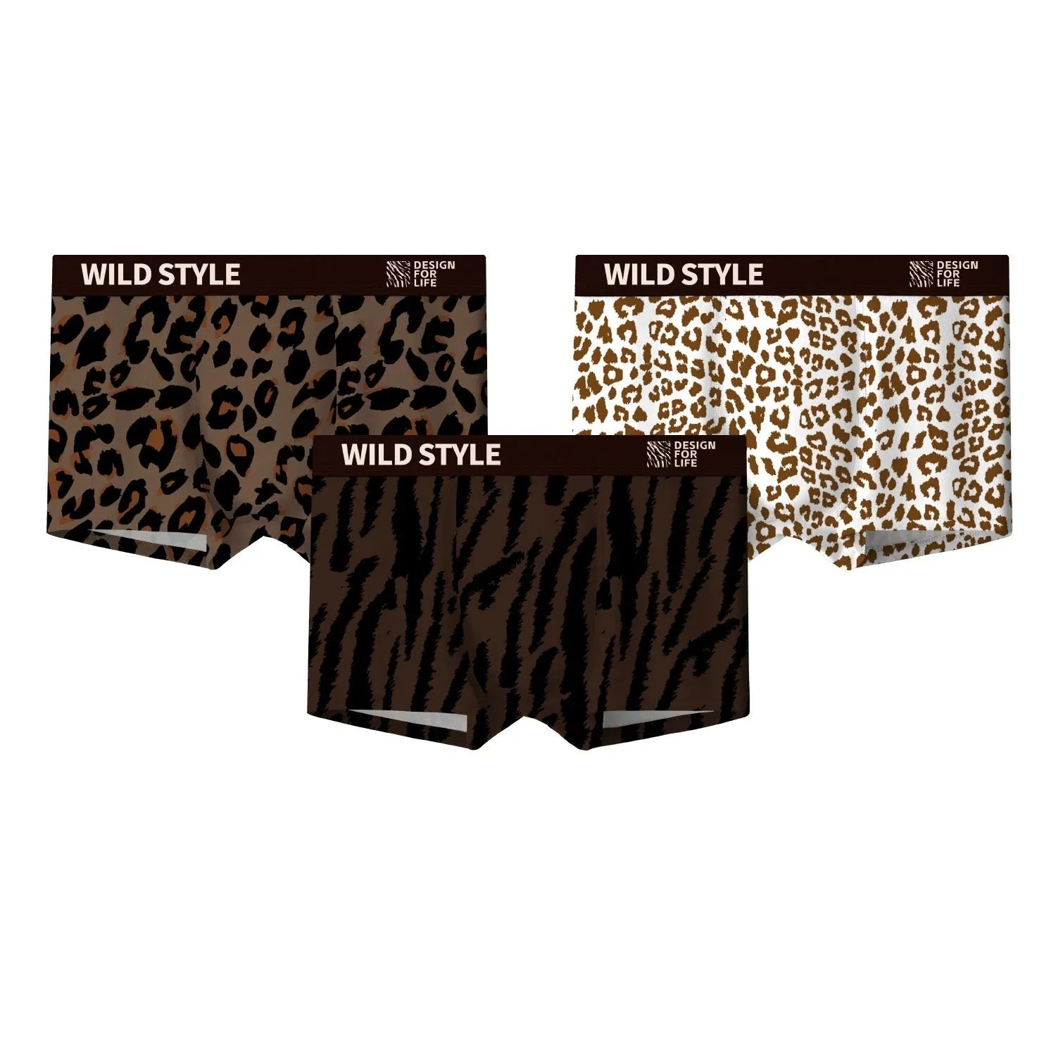 Men's leopard print ice silk boxer shorts laid flat, showing mid-waist design and polyester fabric.
