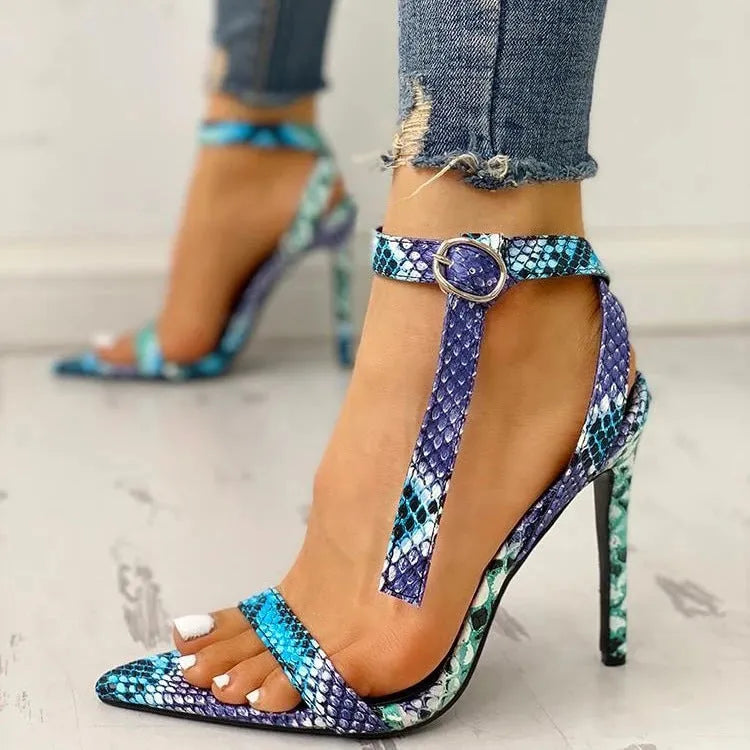 Blue women's court high heels with buckle fastening and hollow-out design, European large sizes 34-43