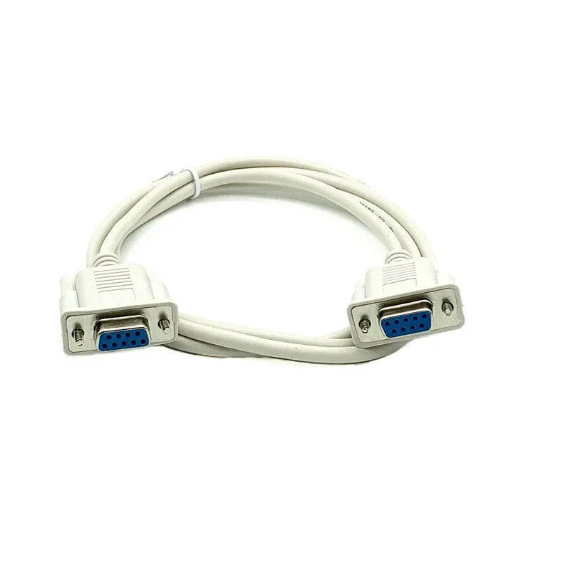 Milky white DB9 female to female RS232 serial cable with 1.5m length for null modem connections.