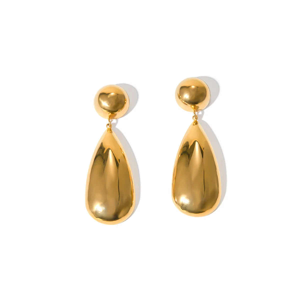 A pair of gold-coloured stainless steel earrings with a geometric water drop pendant design.