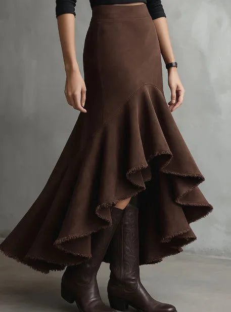 Western brown high-low maxi skirt with ruffled ankle hem laid flat.