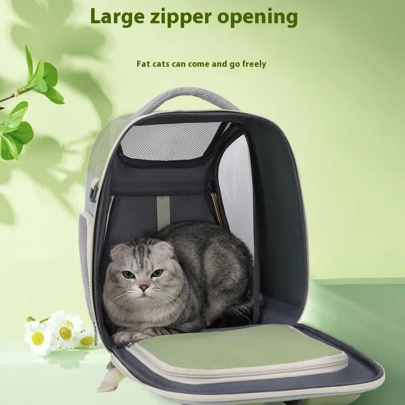 Expandable pet backpack in beige with contrast-pattern PVC Oxford material, medium capacity, on display