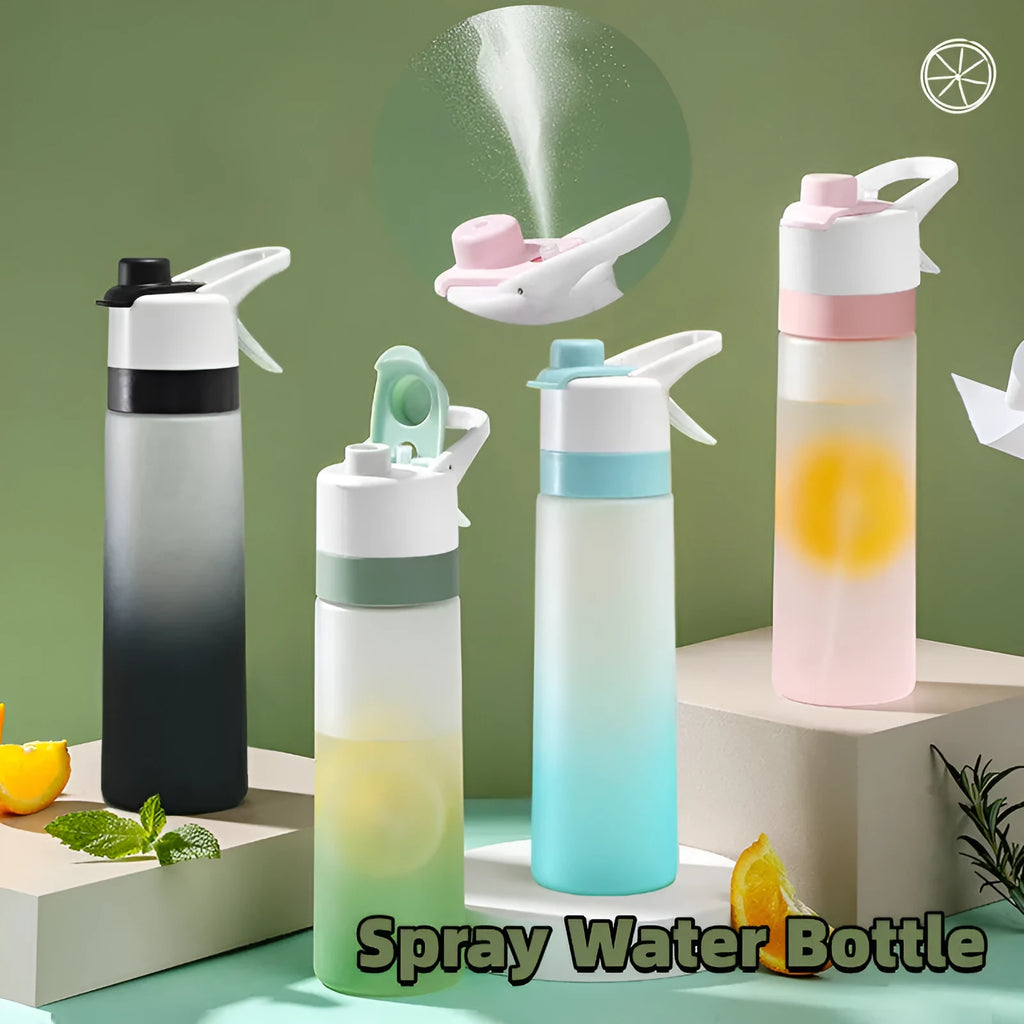 Spray water bottle with handle strap and leakproof lid in multiple colour options