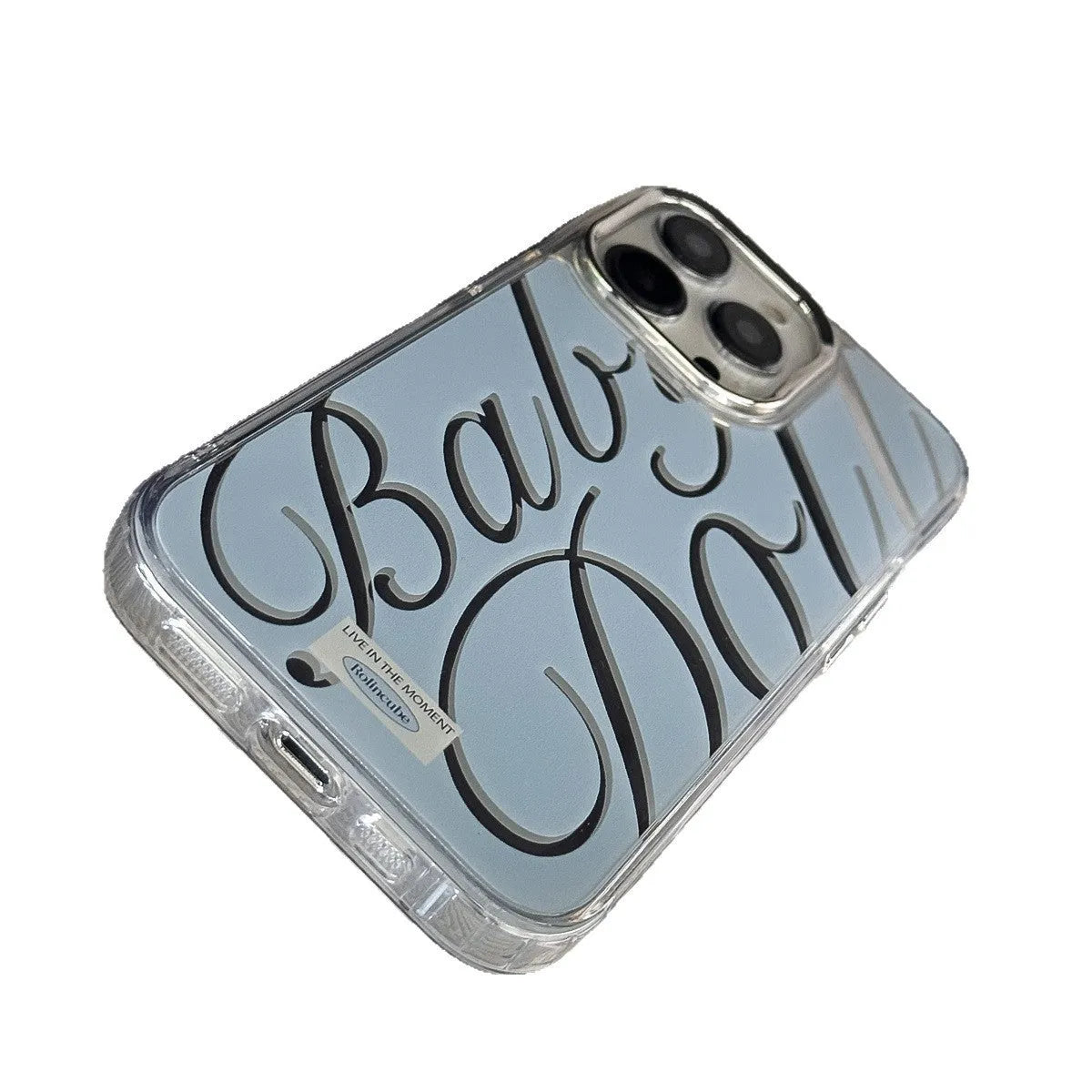 Transparent blue iPhone case with mirrored surface showing JMKJ letters, compatible with Apple models 11 to 16 Pro Max