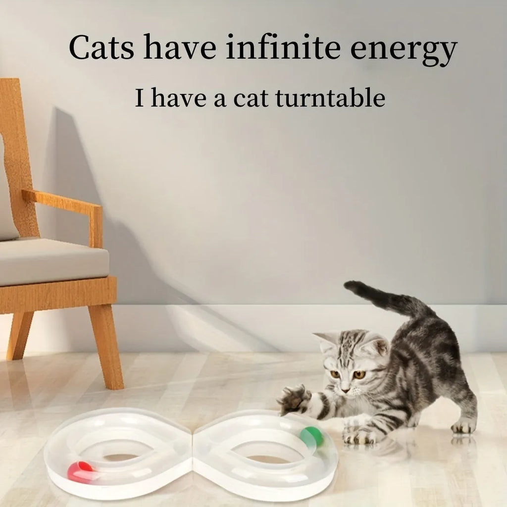 Cat toy set with turntable track ball amusement centre and teasing cat stick on blue background