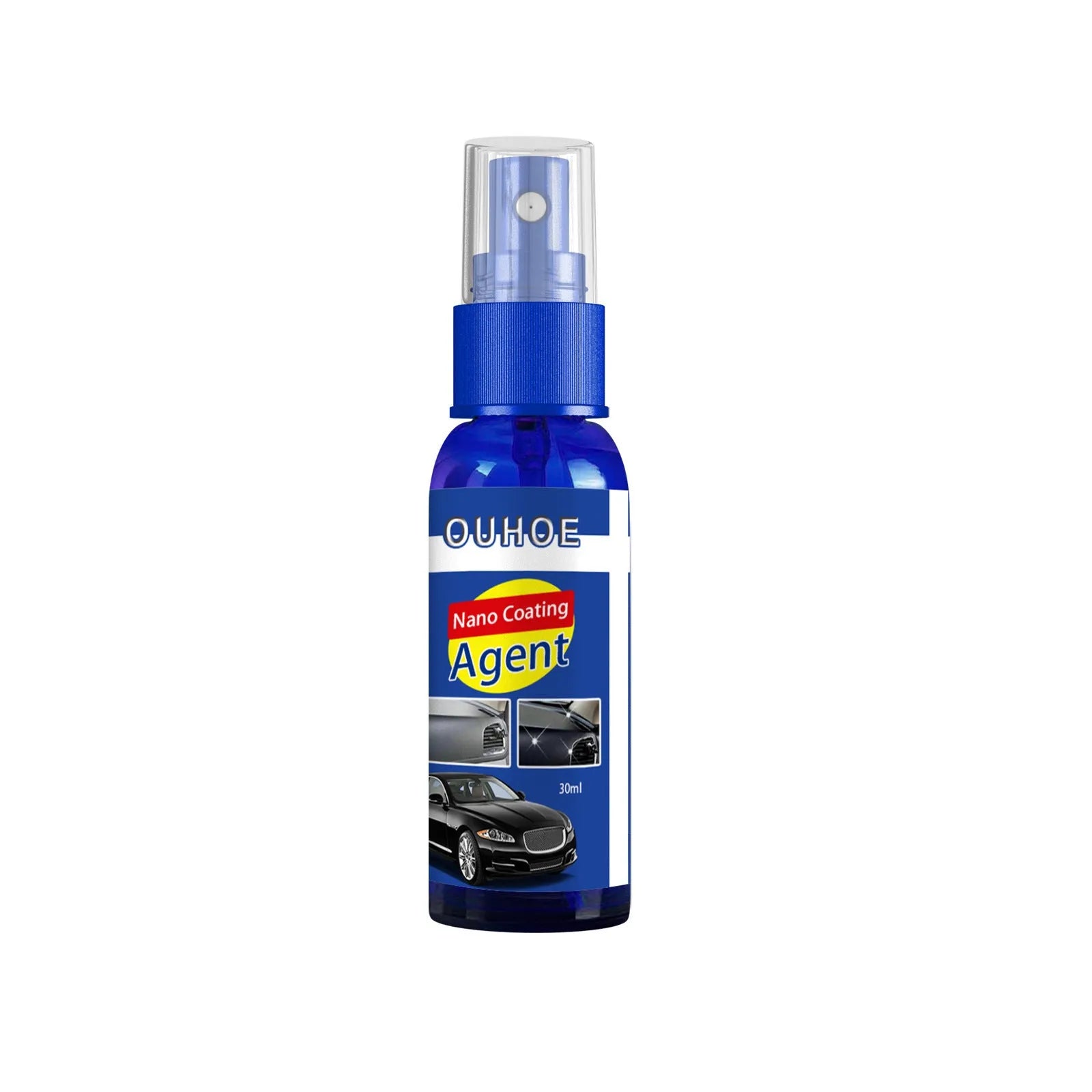 Car interior plastic renovation spray bottle with yellow sponge applicator for dashboard and trim restoration