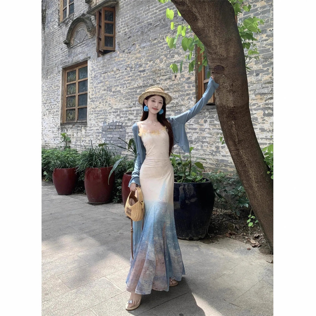 High waist fishtail midi dress with sleeveless cut, princess sleeves, and suspender dress styling in spandex, sizes S M L.