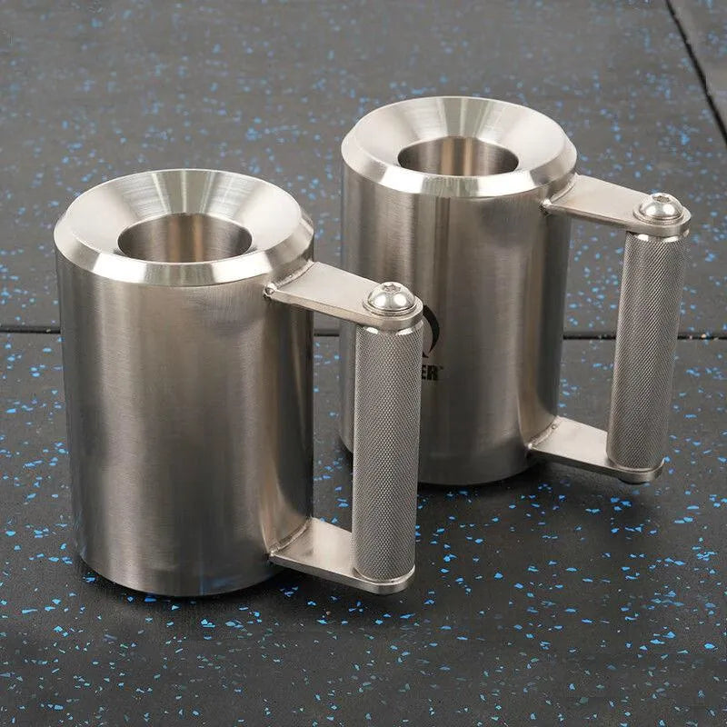 Silver stainless steel dumbbell cup with a cast iron core, shown as a single 8kg unit for weight plate loading.