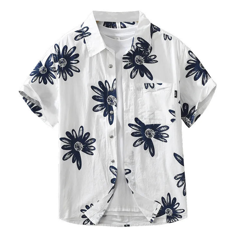 Men's printed short sleeve shirt in apricot colour with loose fit design