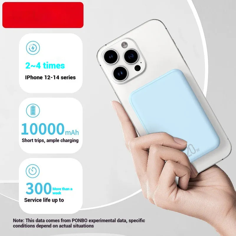 Portable 10000mAh magnetic wireless power bank in blue, purple, or white with Type-C charging