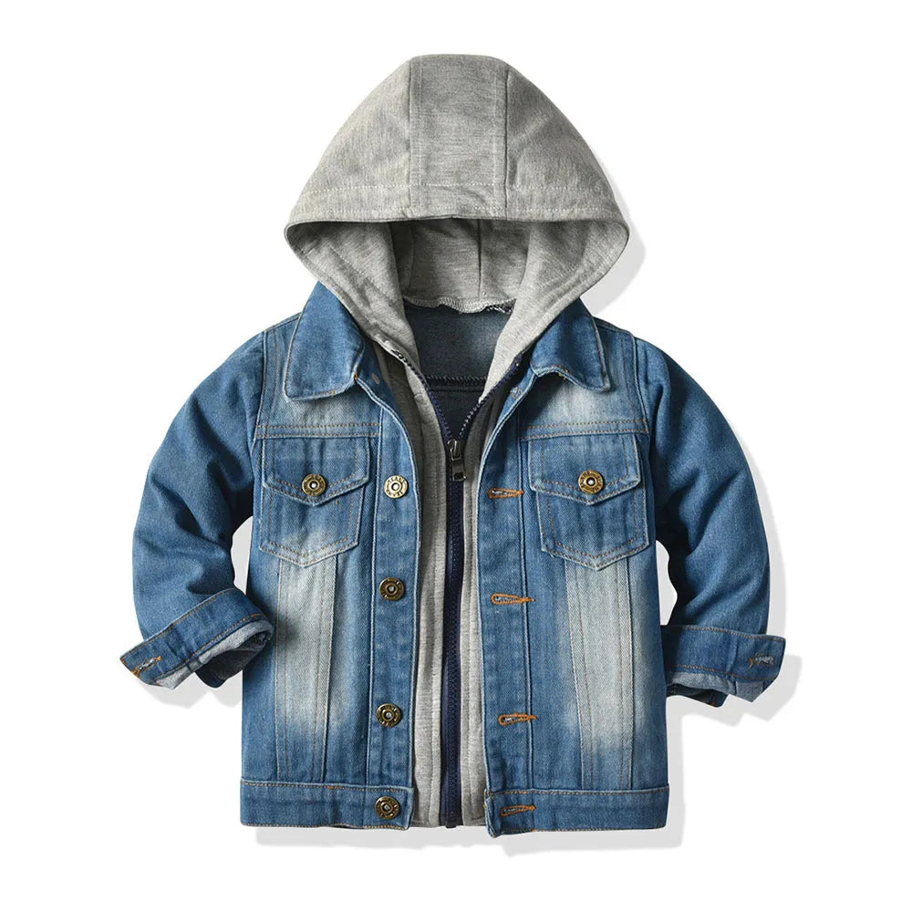 Grey children's hooded denim-style jacket with lapel collar loose fit
