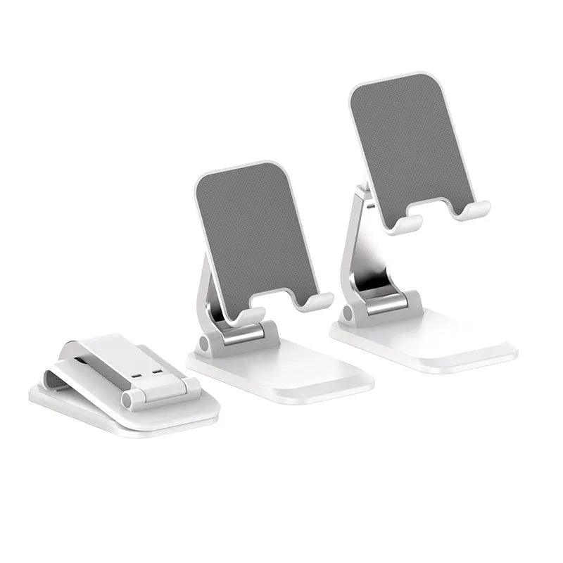 Folding portable desktop stand for mobile phones and tablets with weighted aluminium alloy base
