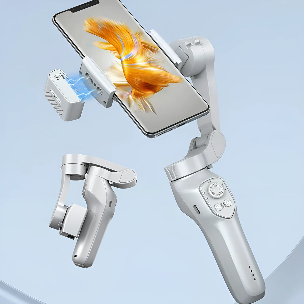 New foldable handheld stabiliser in silver grey for mobile phone with Type-C cable and manual