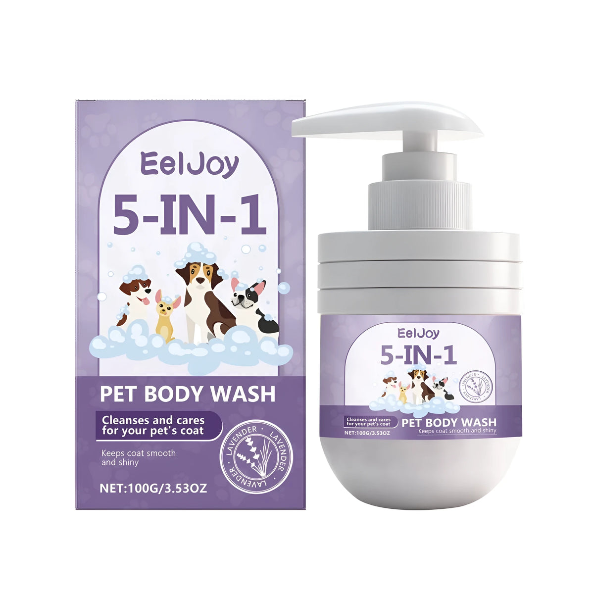 100g pet shampoo with ginger and lavender extracts in a white plastic bottle