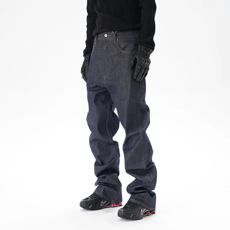 Men's dark blue loose straight leg jeans with original cattle wash on denim fabric