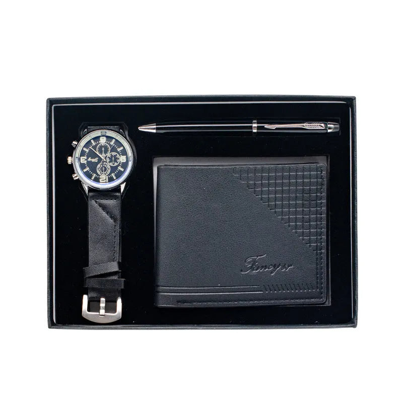 Modern business gift set containing a brown wallet, pen, and watch inside an elegant presentation box.