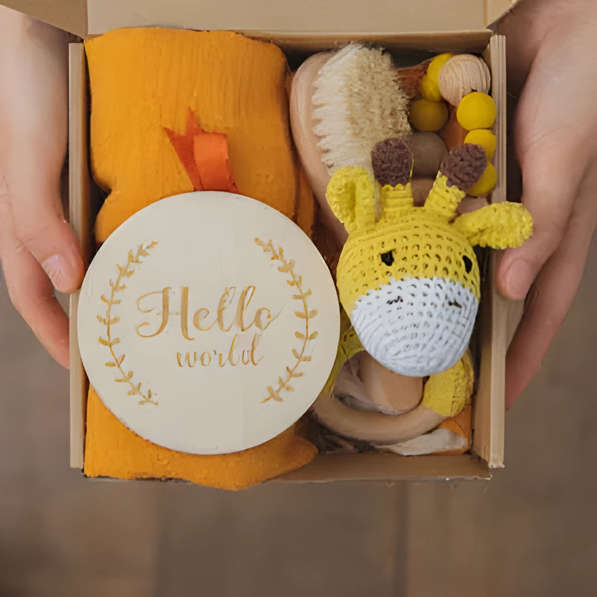Baby teething gift set with wooden toys and large bamboo-cotton gauze blanket in assorted colours