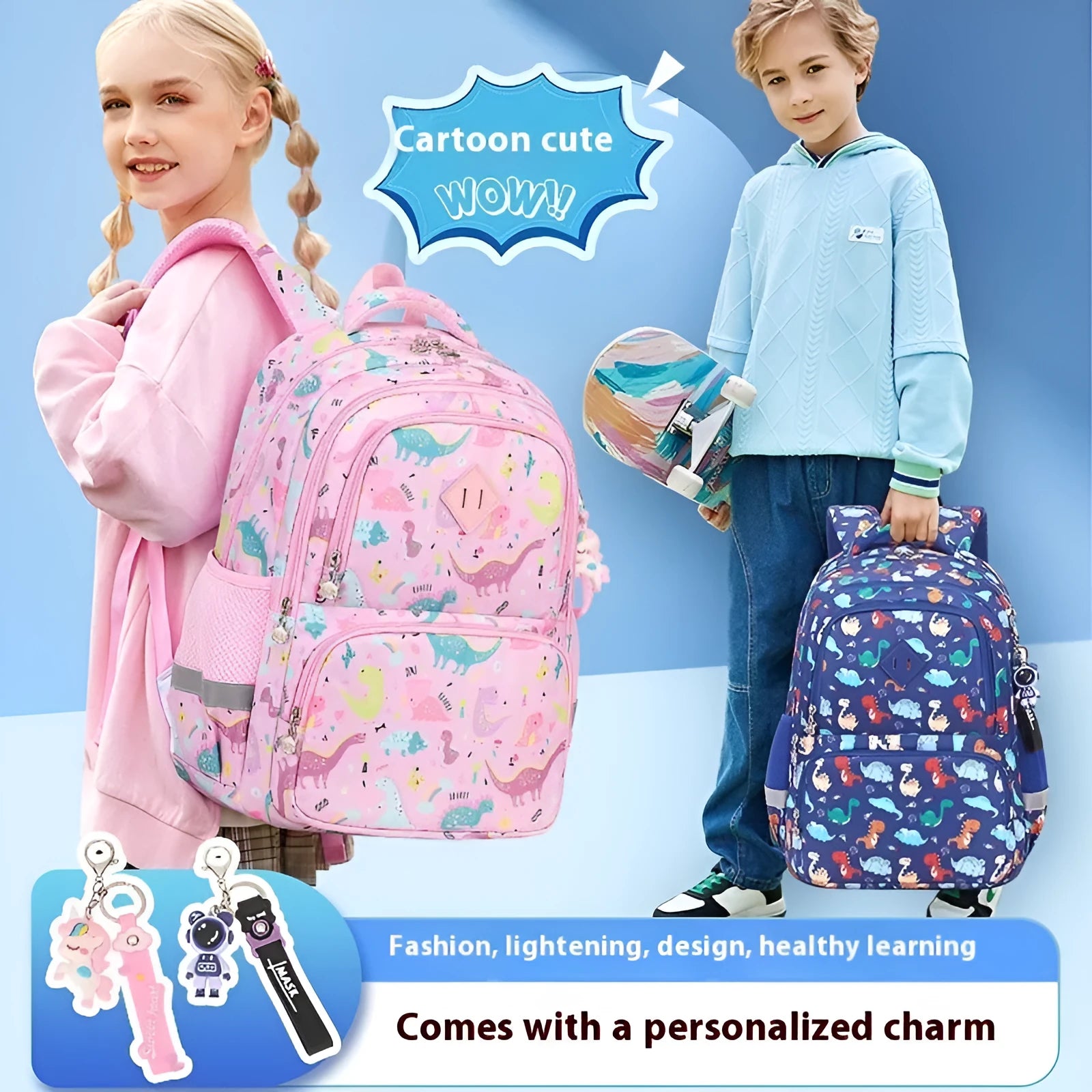 Children's Oxford cloth school backpack in a dinosaur pattern, showing curved straps and spine protection design.