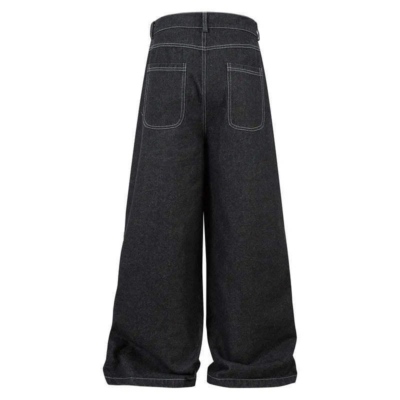 Black multi-pocket pleated work trousers made from non-stretch denim fabric on a mid waist.
