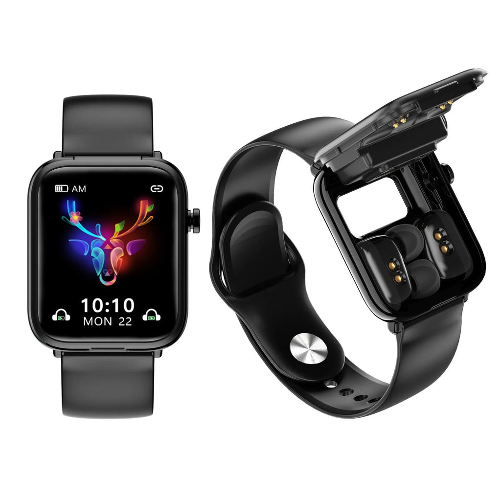 Black all-touch smartwatch with 1.69-inch screen and integrated Bluetooth earbuds on a wrist.