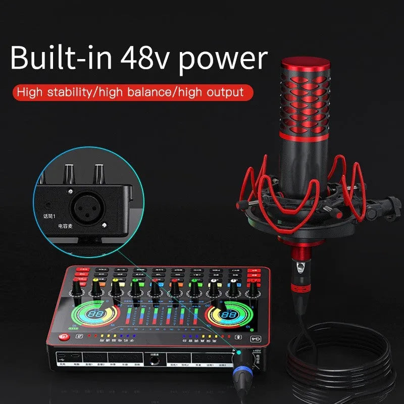 G4 professional live sound card mixer with colourful LCD screen and microphone on a desk.