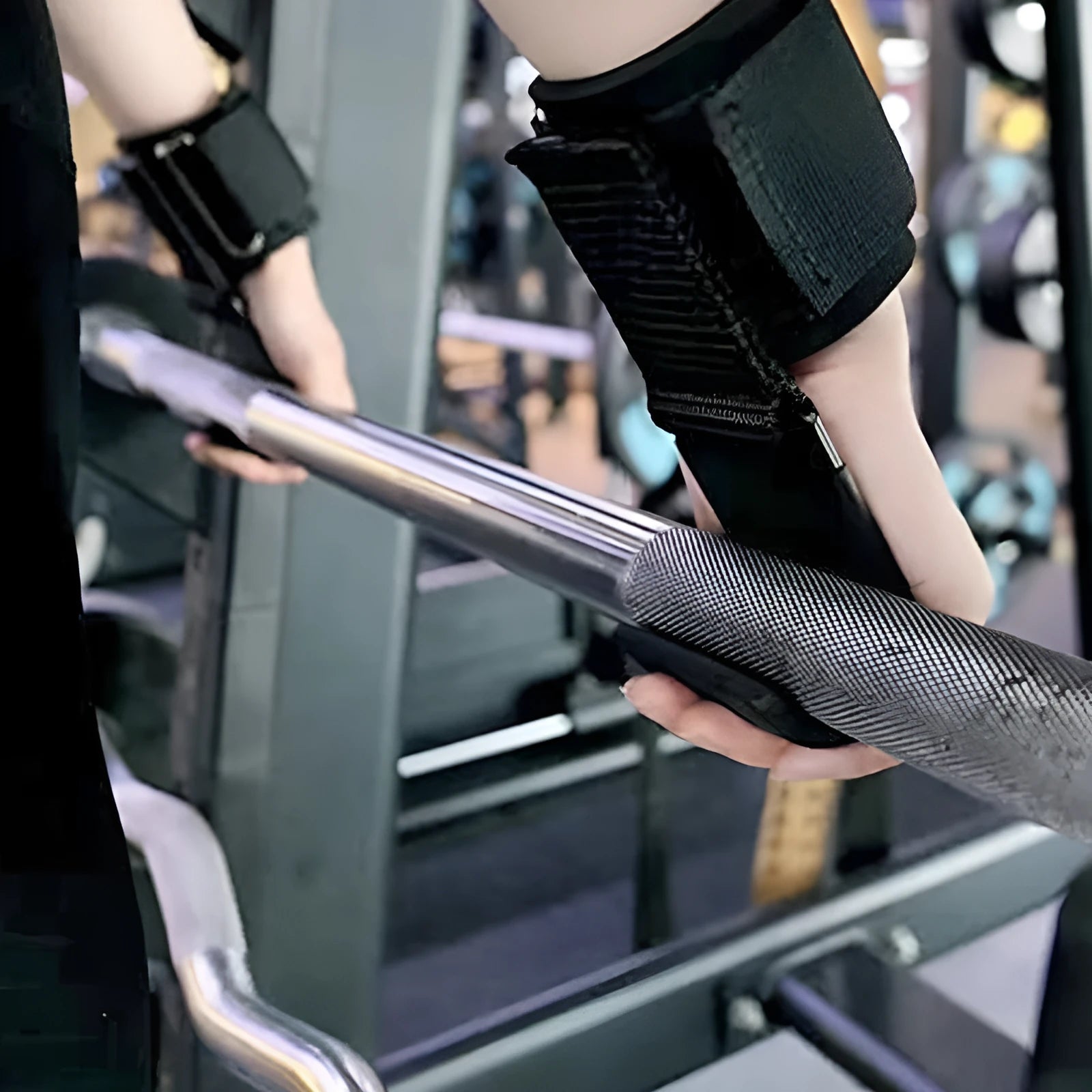 Black fitness wrist brace with hook mechanism for pull-up assistance and horizontal bar training