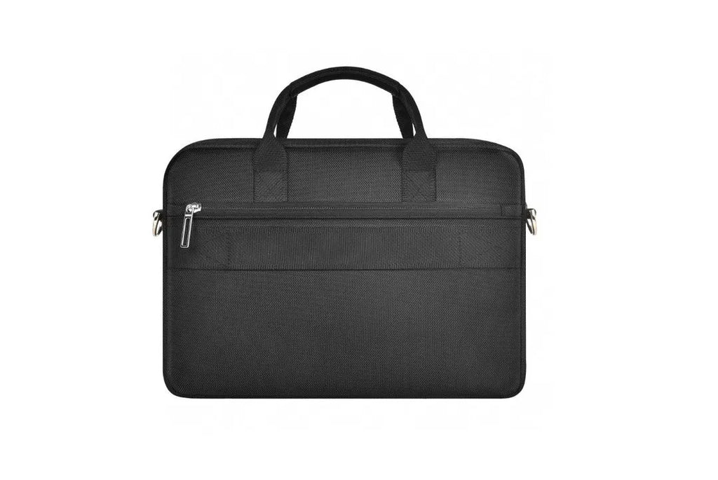 Black Oxford cloth laptop backpack showing multiple compartments and a lock, suitable for 14-inch or 15.6-inch devices.