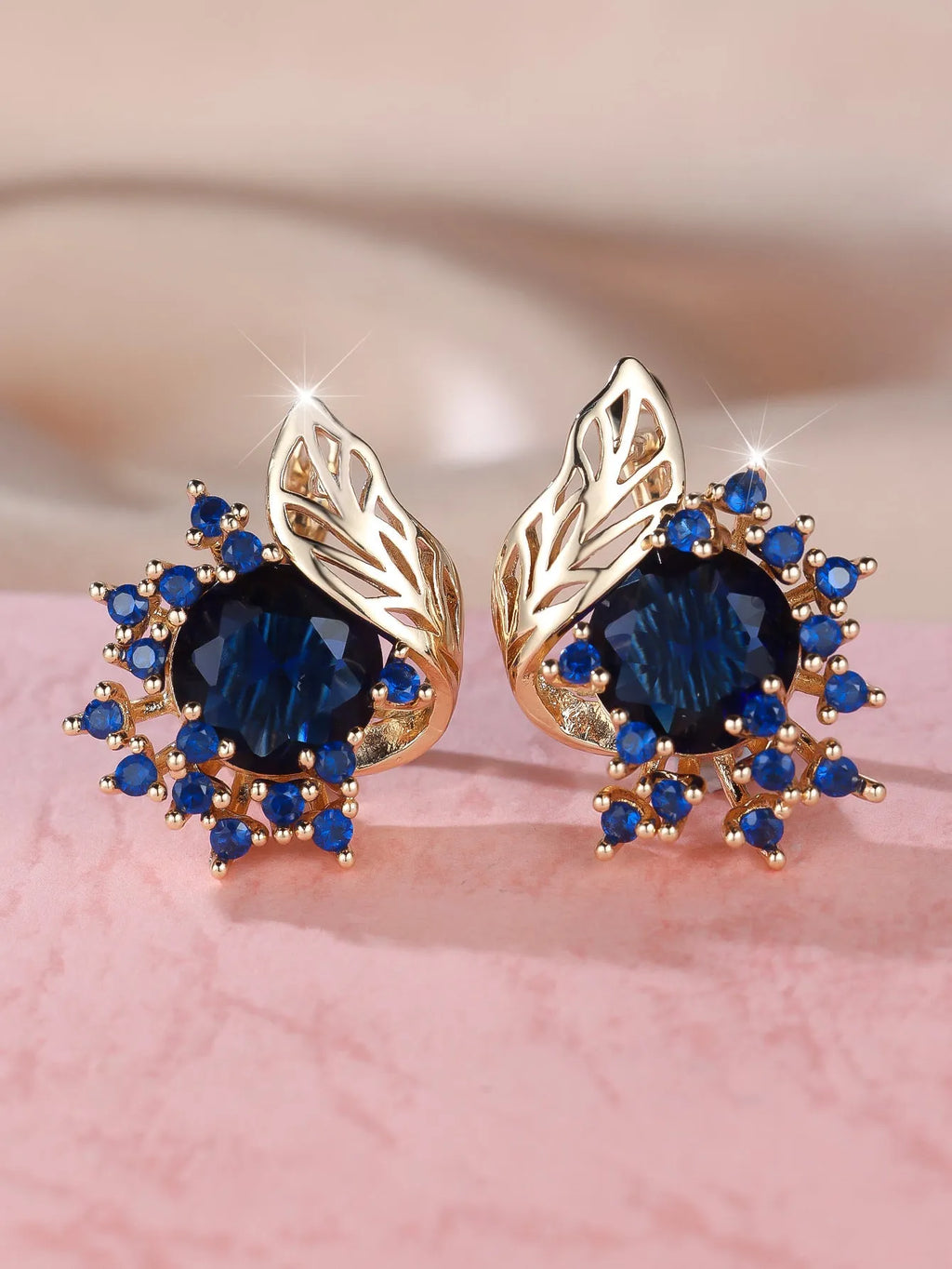 Round flowers feather zircon earrings with champagne gold electroplating and multiple diamond colour options