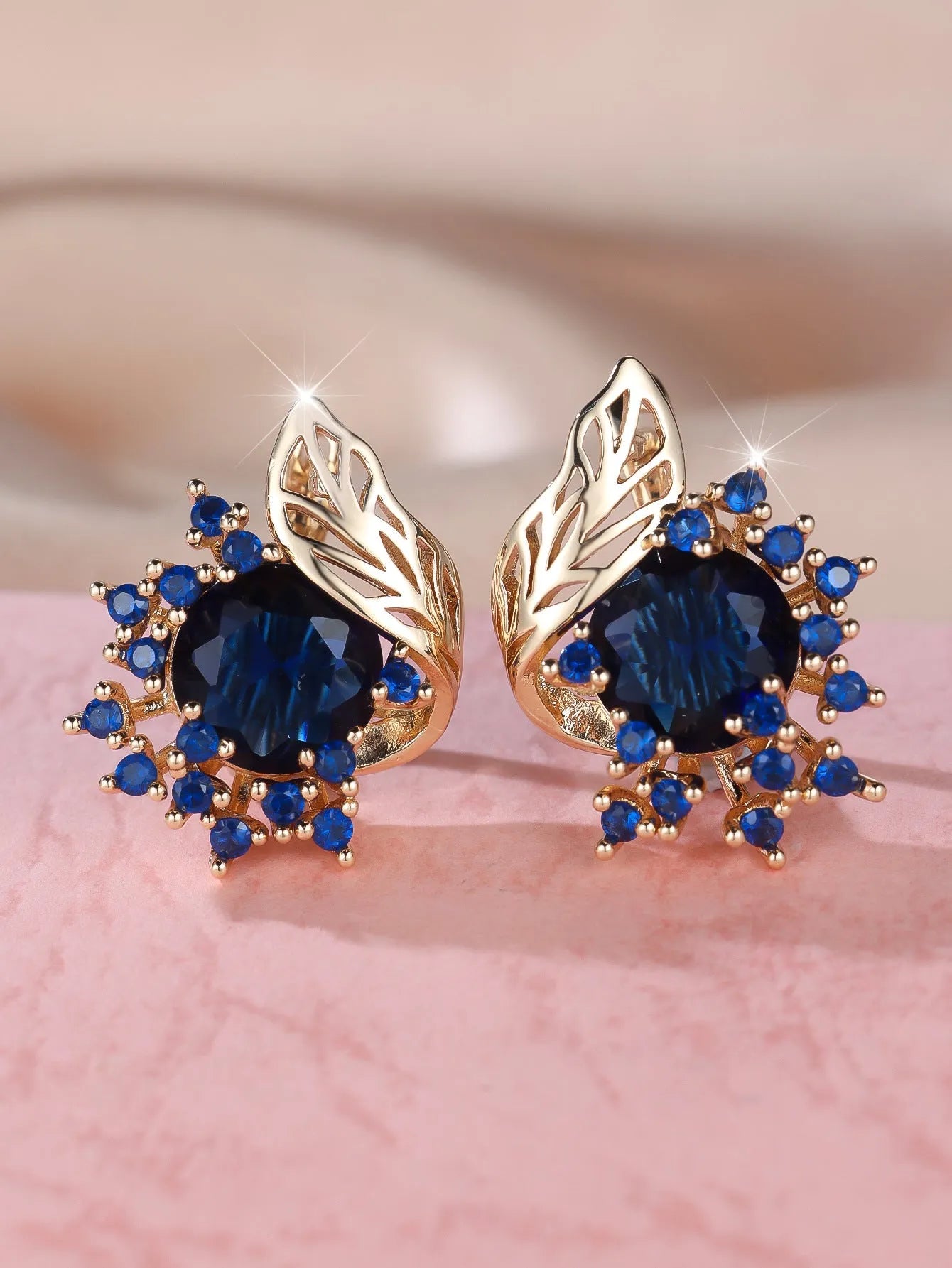Round flowers feather zircon earrings with champagne gold electroplating and multiple diamond colour options