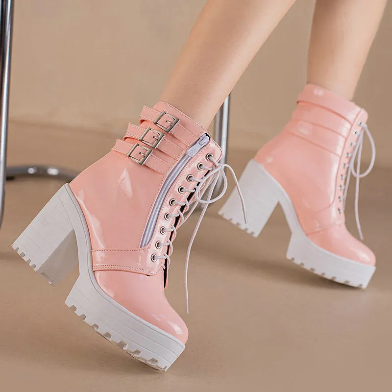 Women's black casual lace-up ankle boots with a chunky heel and thick rubber sole.