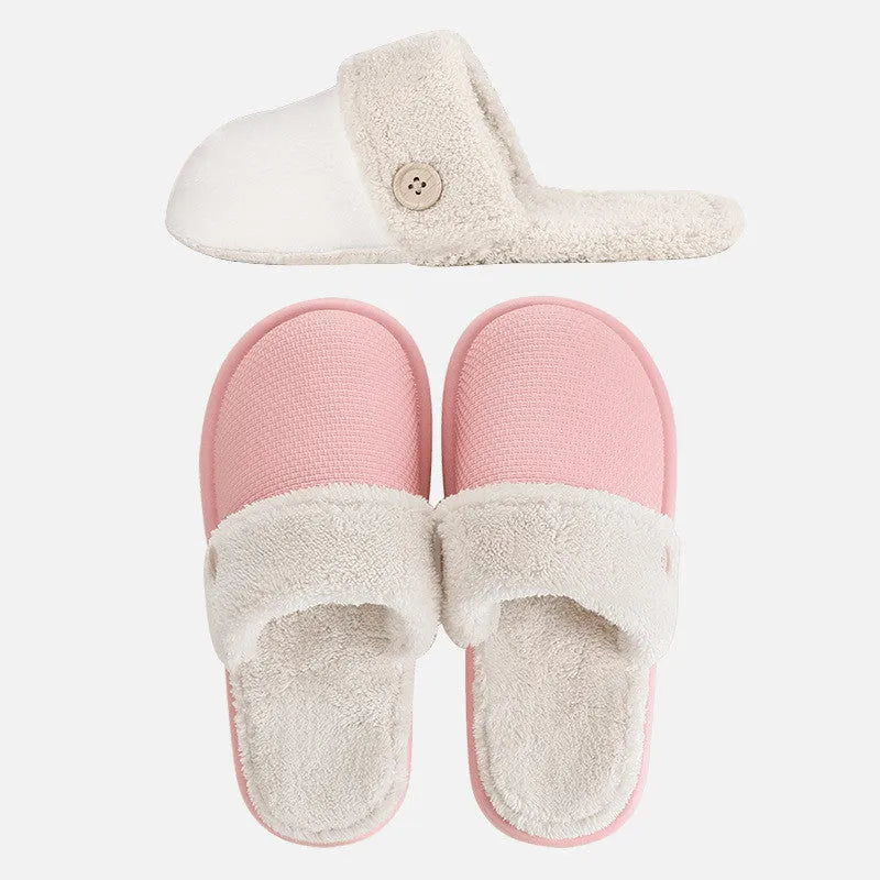 Grey non-slip EVA indoor slippers with artificial wool inner and removable insole, side view