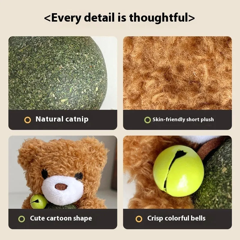 Plush catnip ball toy shaped as a character, measuring 15cm tall, with a bell and a 4cm catnip ball.