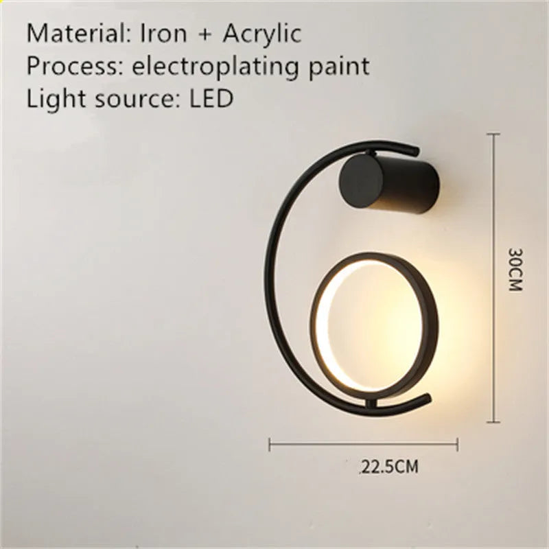 Modern minimalist light luxury wall lamp in black finish with iron and acrylic construction, 22.5cm diameter, 30cm height