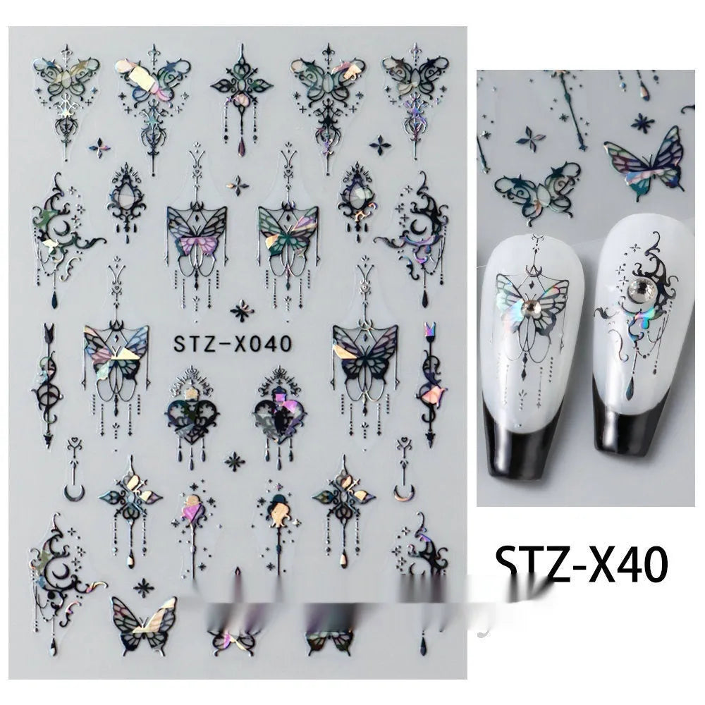 Cartoon nail art stickers sheet with black and silver love heart designs