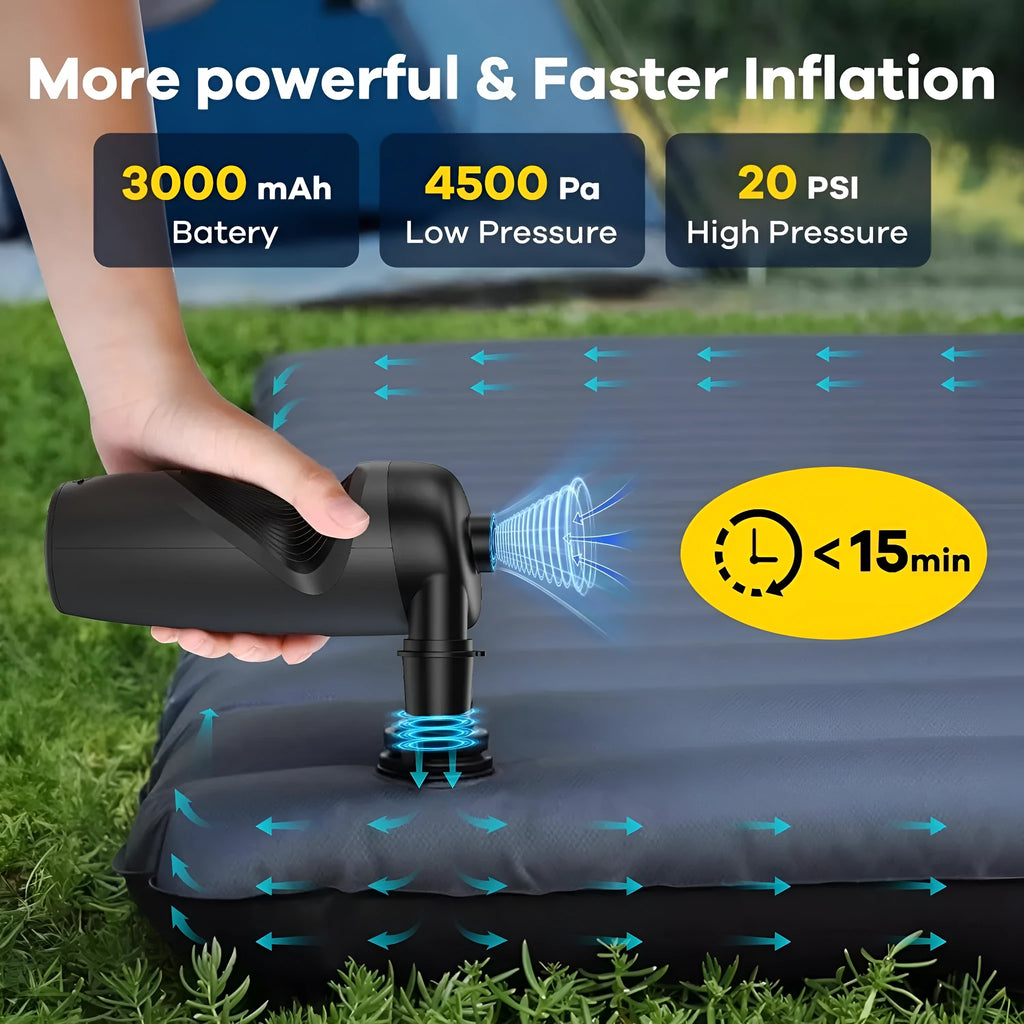 Black wireless portable air pump with LED lighting functions and compact design